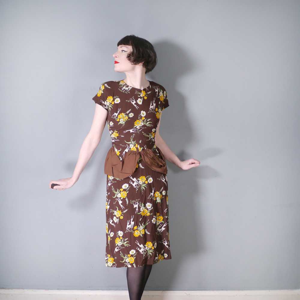 40s NOVELTY DEER AND FLOWER PRINT BROWN RAYON DRE… - image 3