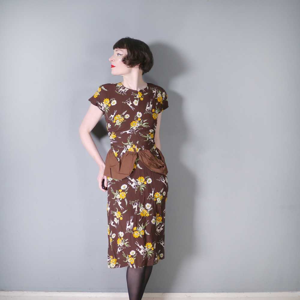 40s NOVELTY DEER AND FLOWER PRINT BROWN RAYON DRE… - image 4