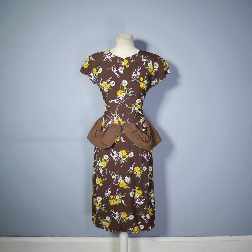 40s NOVELTY DEER AND FLOWER PRINT BROWN RAYON DRE… - image 7