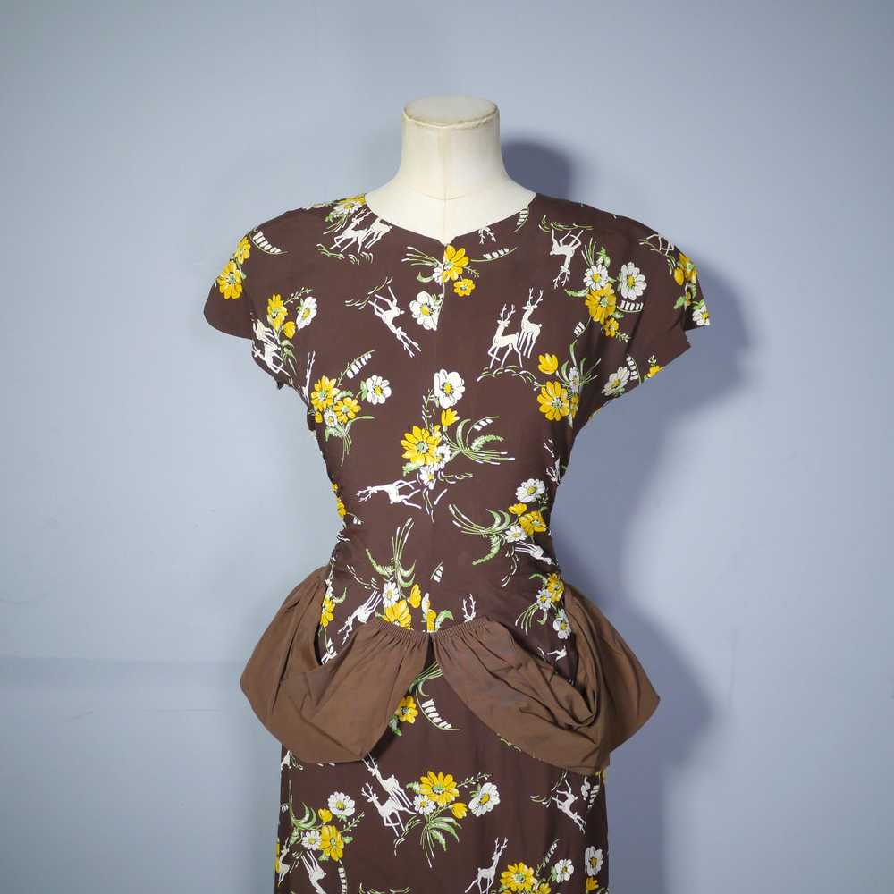 40s NOVELTY DEER AND FLOWER PRINT BROWN RAYON DRE… - image 8