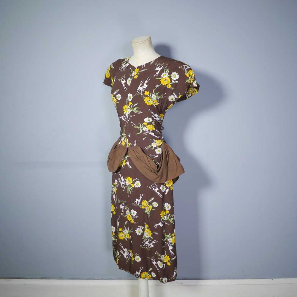 40s NOVELTY DEER AND FLOWER PRINT BROWN RAYON DRE… - image 9
