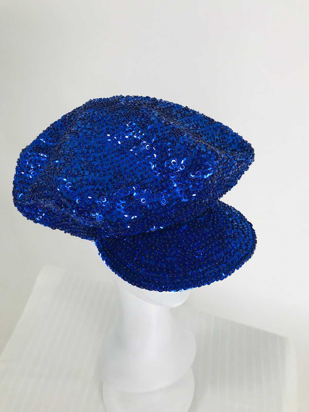 1980s Blue Sequin News Boy Cap Disco Novelty Vint… - image 5