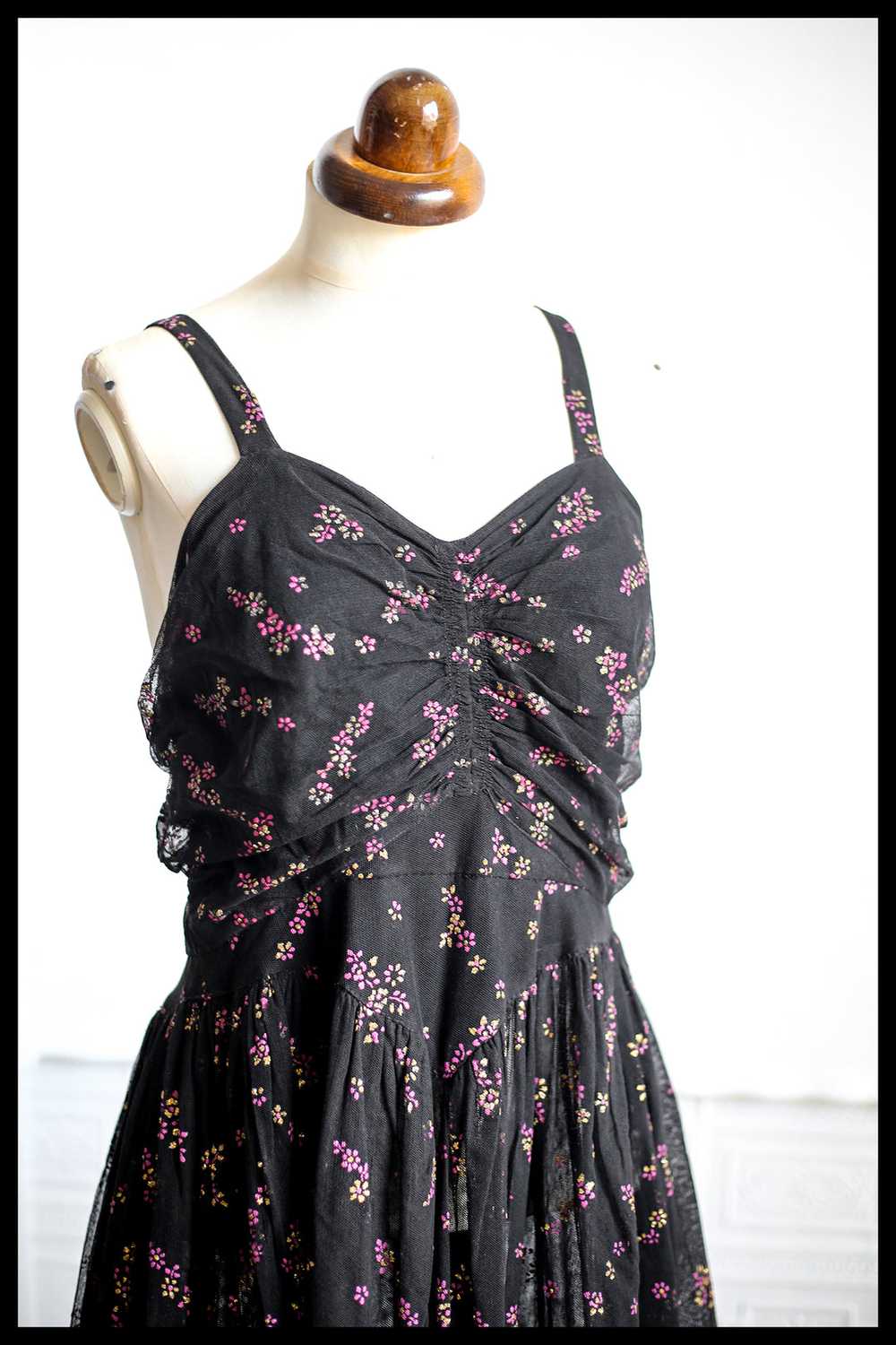 Vintage 1940s Black Printed Tulle Maxi Dress - image 10
