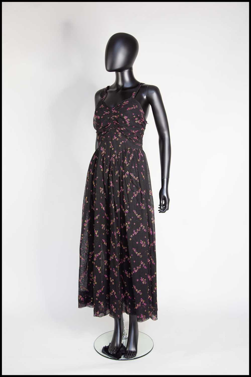 Vintage 1940s Black Printed Tulle Maxi Dress - image 3