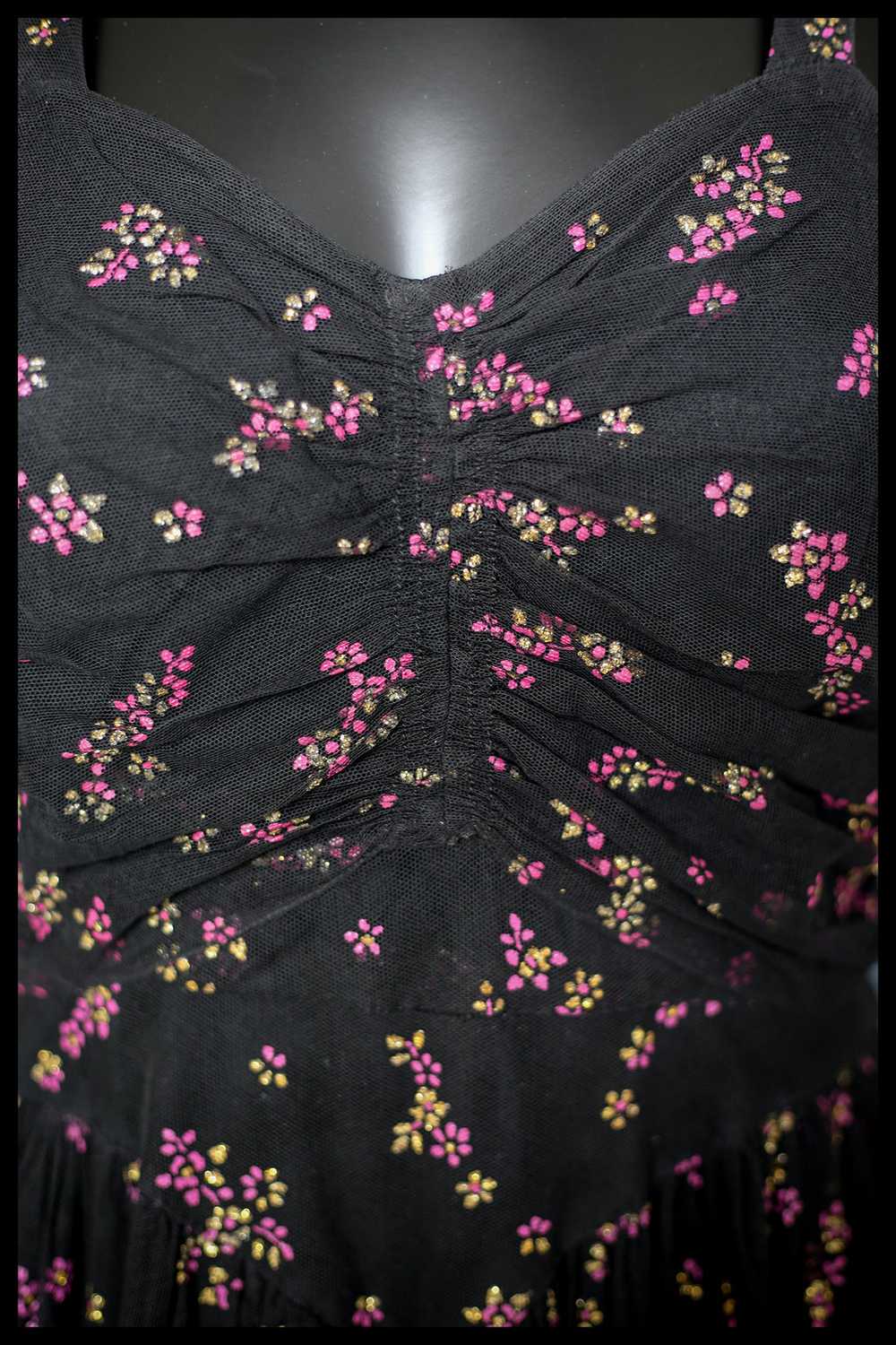 Vintage 1940s Black Printed Tulle Maxi Dress - image 8