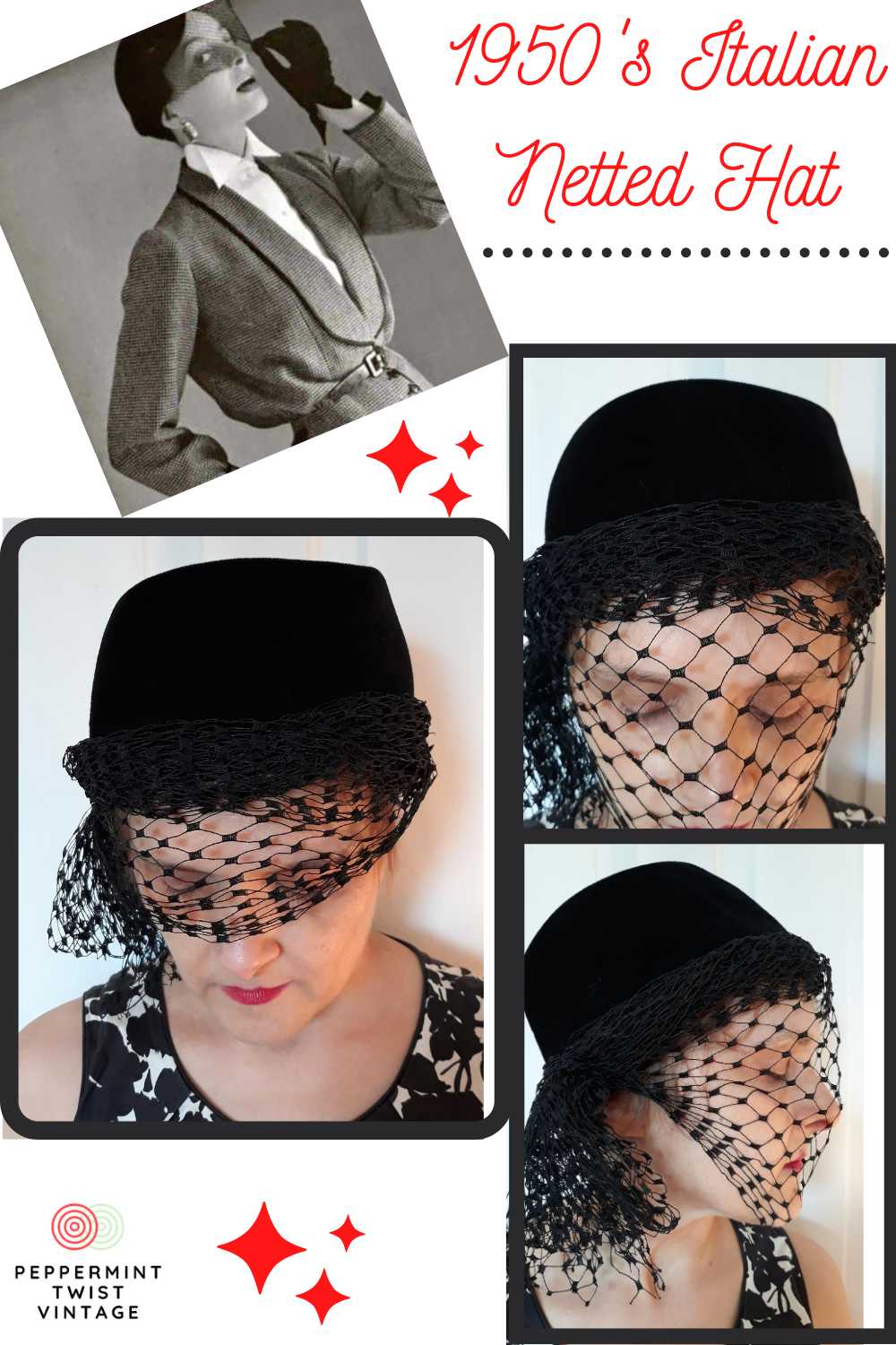 1950s Black Felt Netted Hat - Made in Italy - Fal… - image 1