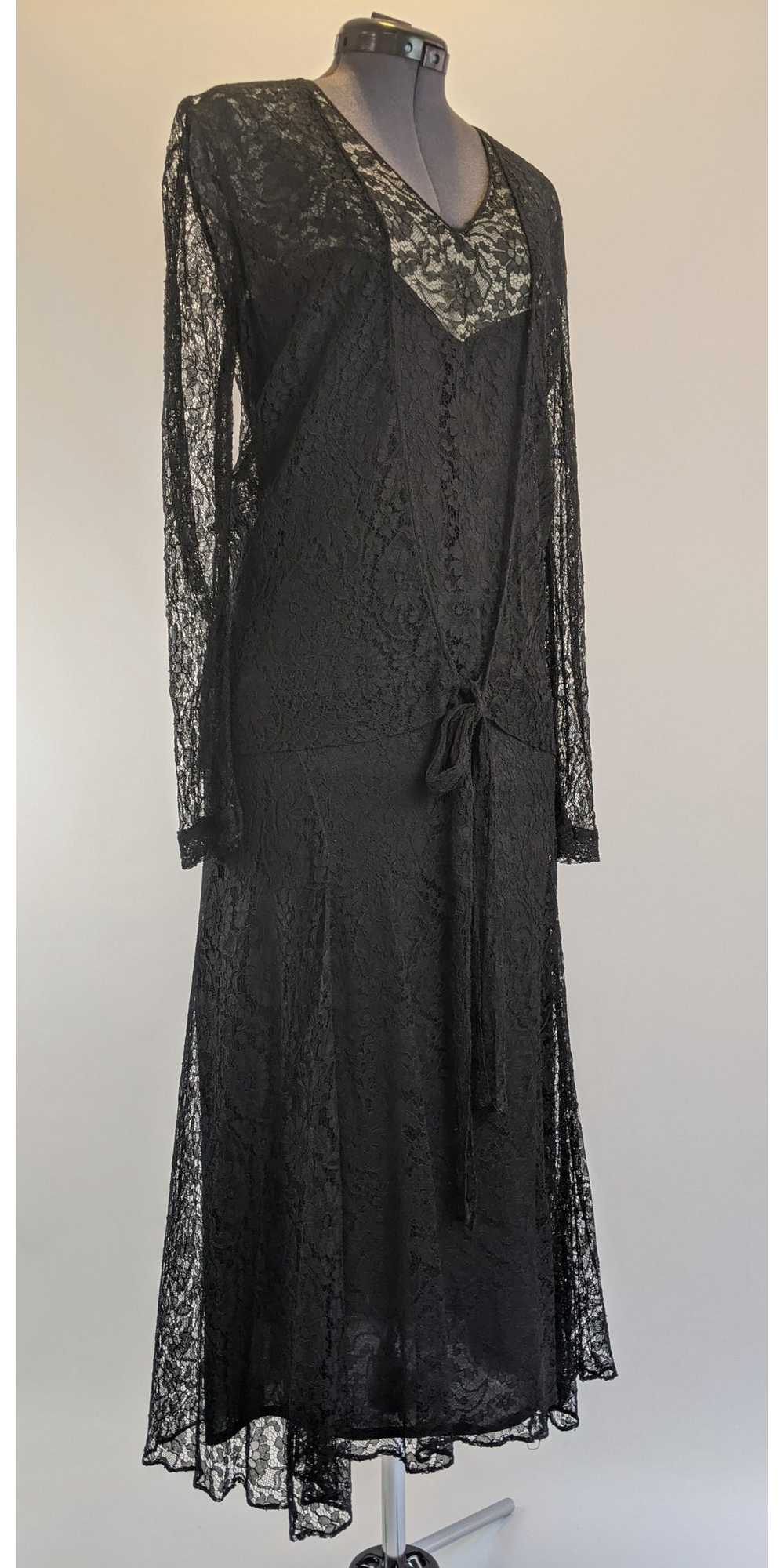 1930s Black Lace Long Sleeve Evening Gown - image 3