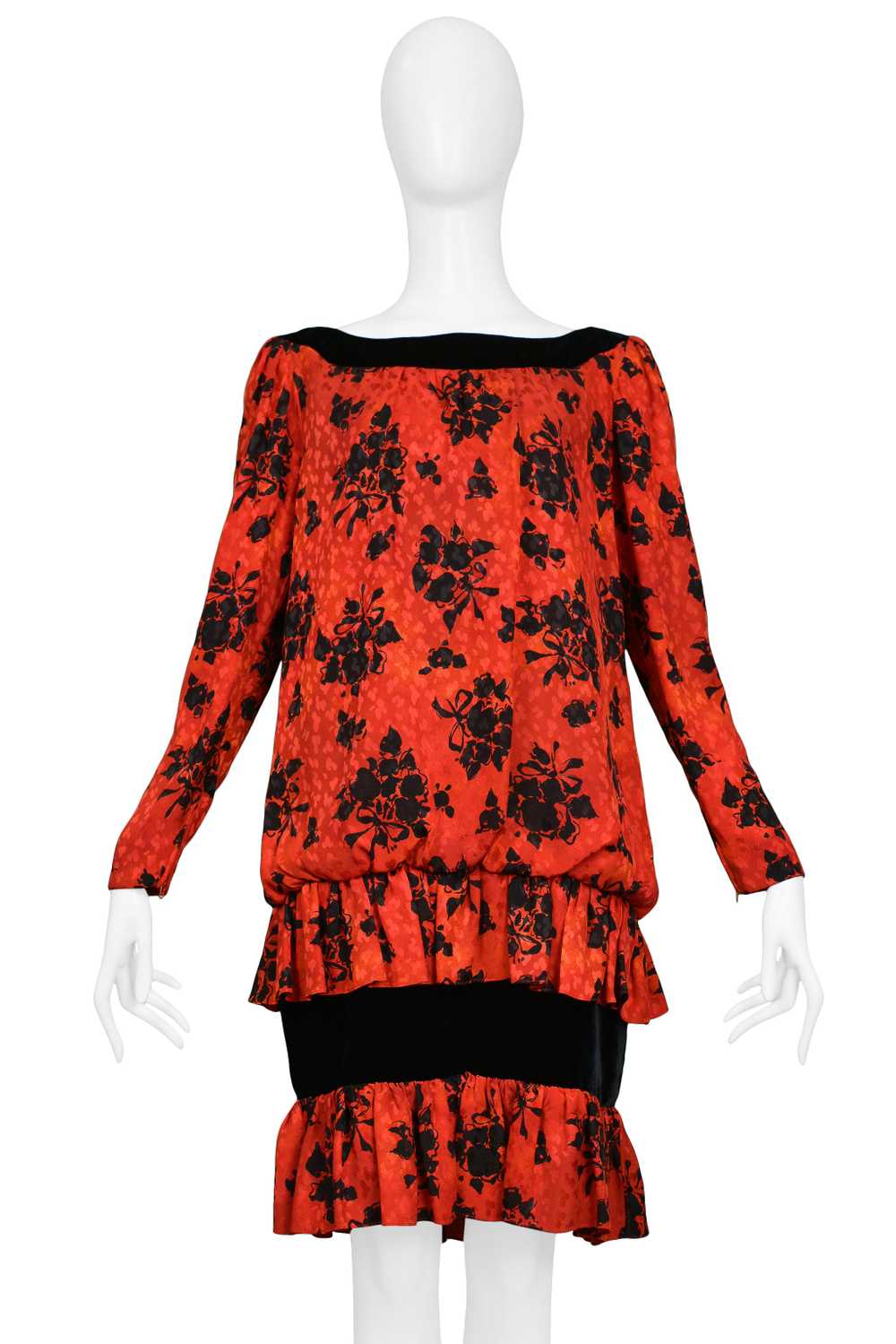 YVES SAINT LAURENT YSL RED & BLACK FLORAL PRINT D… - image 1