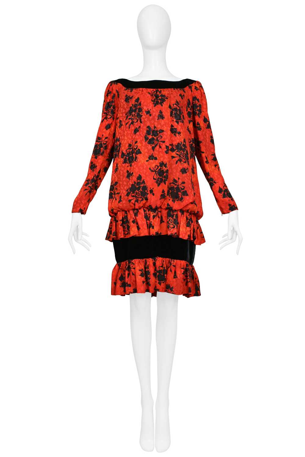 YVES SAINT LAURENT YSL RED & BLACK FLORAL PRINT D… - image 3