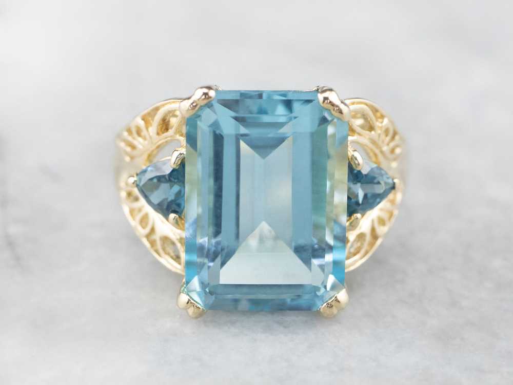Three Stone Blue Topaz Gold Cocktail Ring - image 2