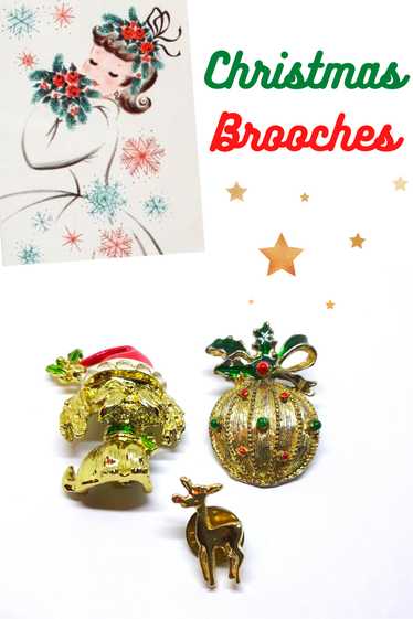 Christmas Brooch Lot - Dog, Rudolph Pin and Ornam… - image 1