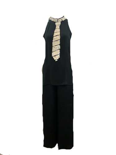 90s does Swinging 60s Black Satin Pantsuit with S… - image 1