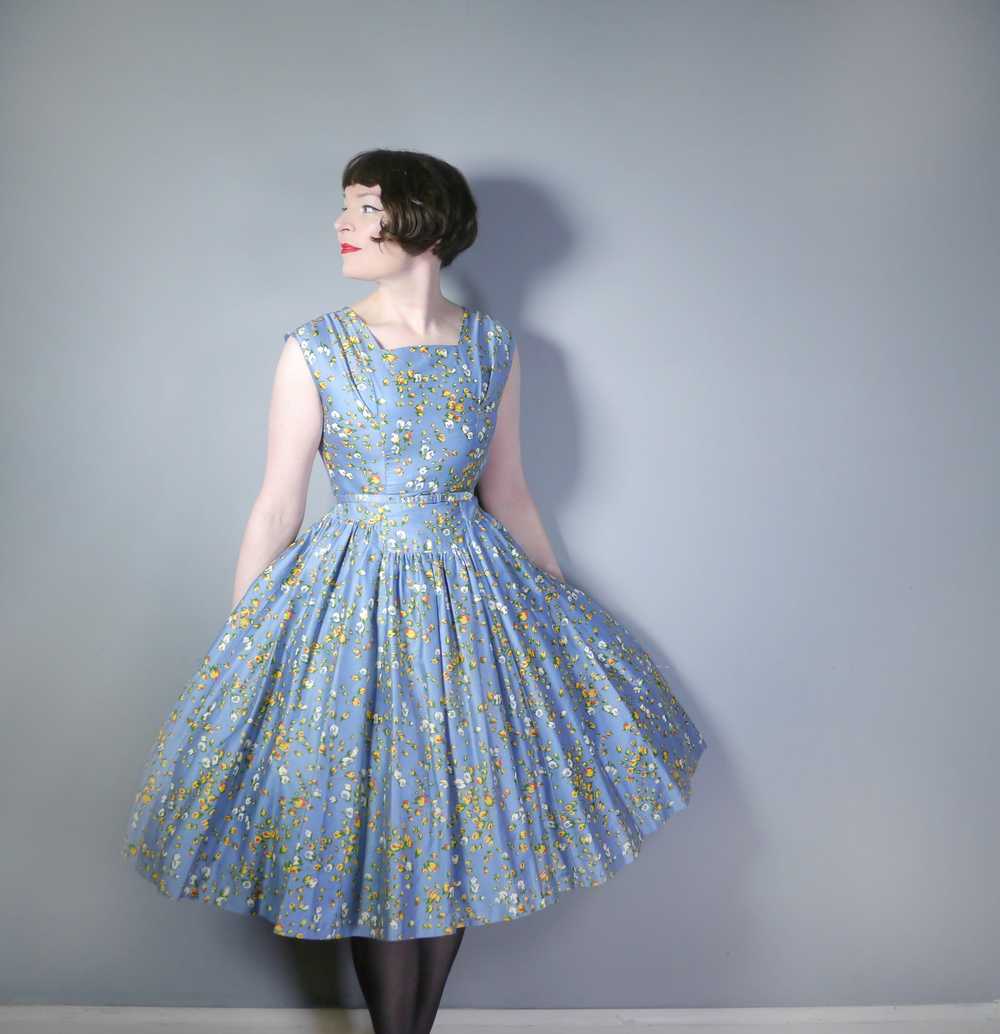 50s BLUE FULL SKIRTED DRESS BY RODNEY IN RED AND … - image 2