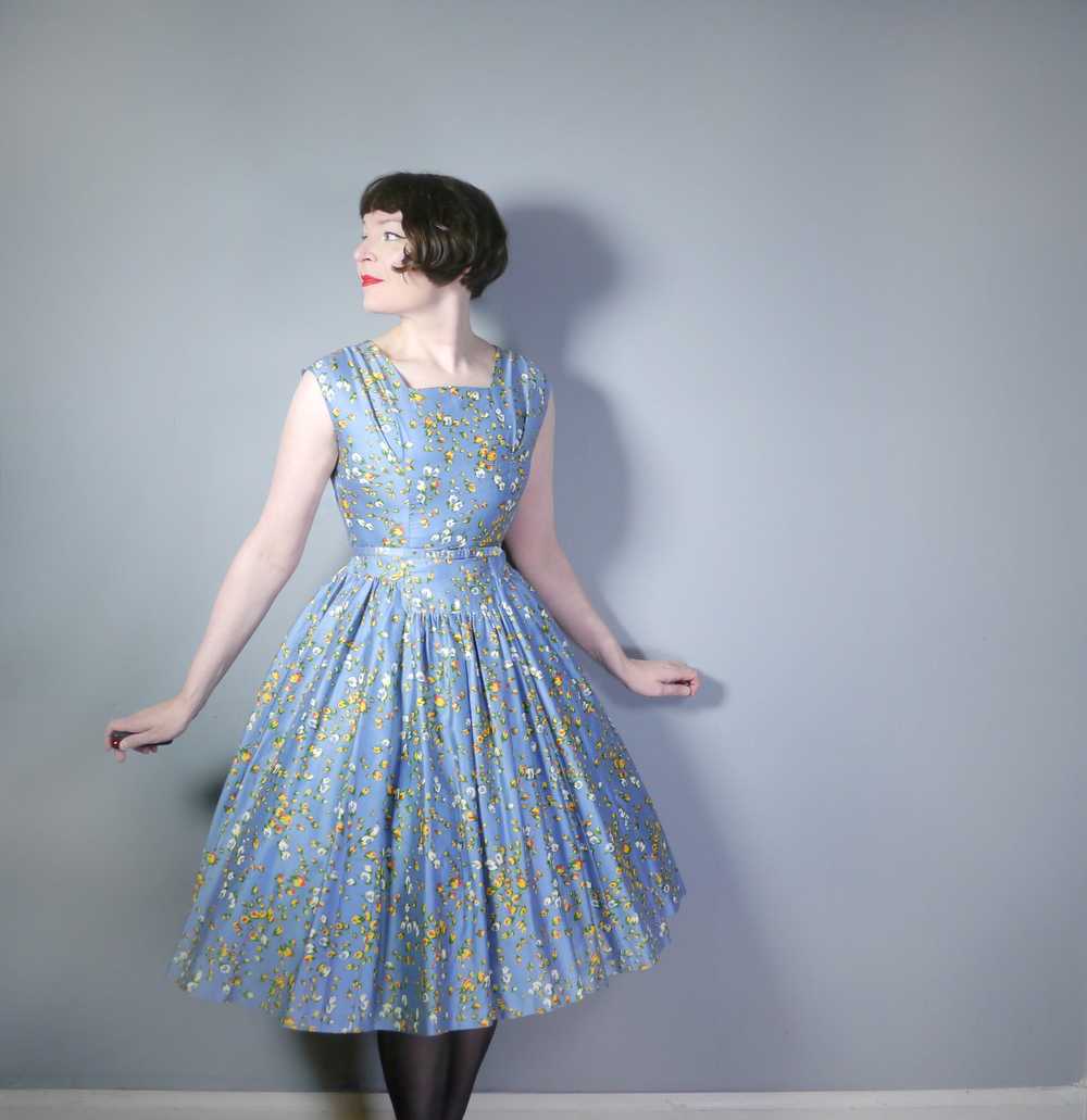 50s BLUE FULL SKIRTED DRESS BY RODNEY IN RED AND … - image 3