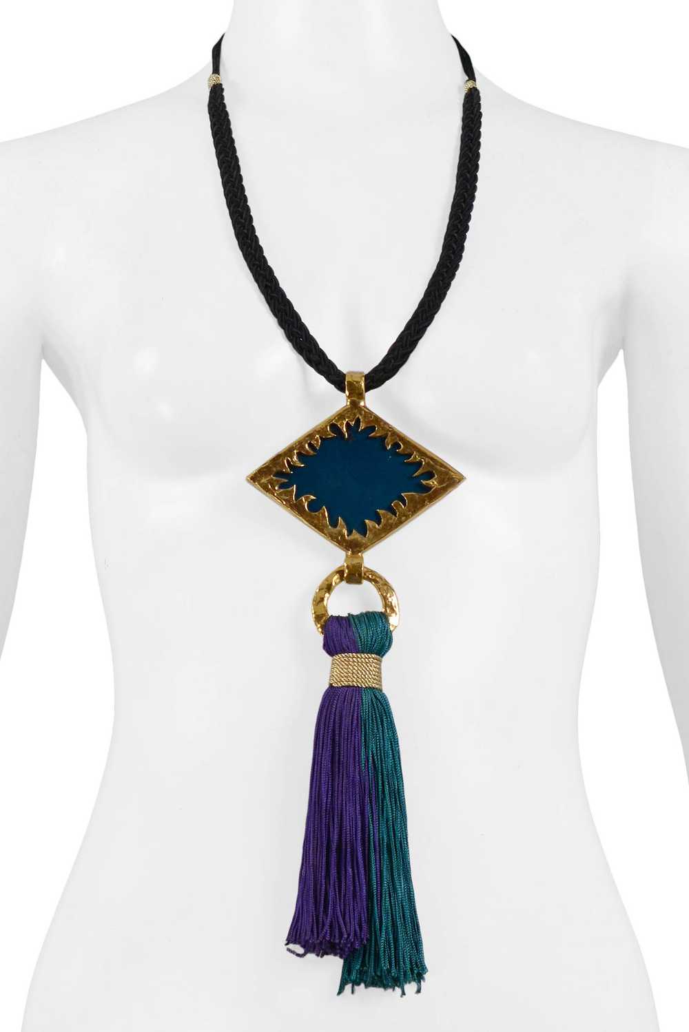 YVES SAINT LAURENT YSL BLUE & GREEN TASSEL NECKLA… - image 2