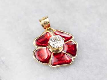 Diamond Enamel Poppy Flower Pendant - image 1