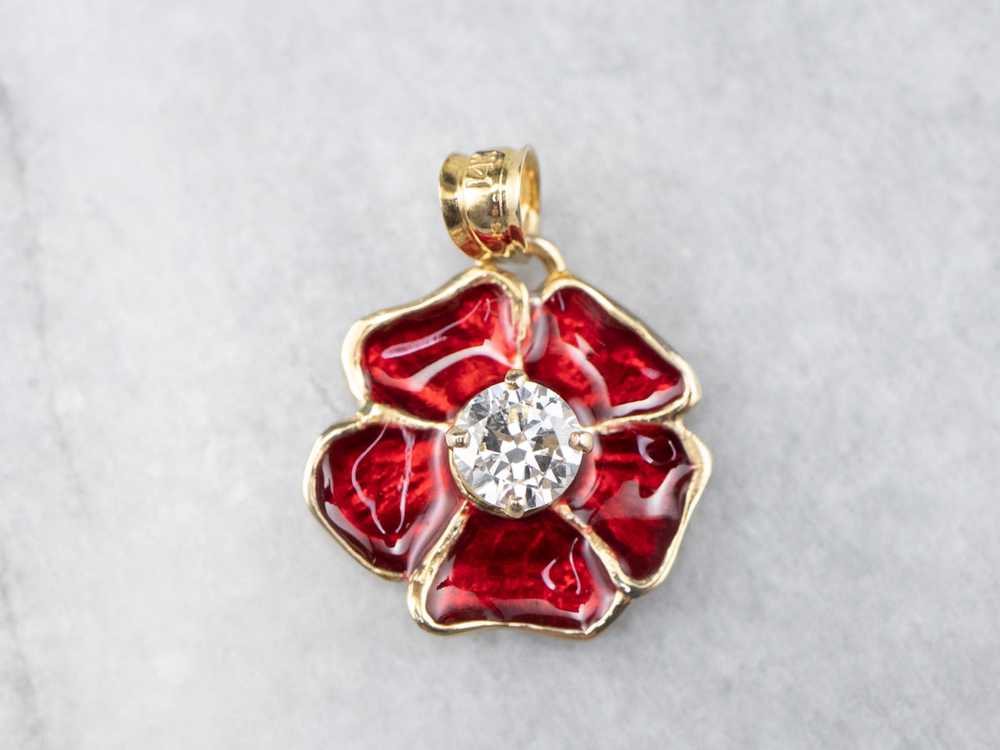Diamond Enamel Poppy Flower Pendant - image 2