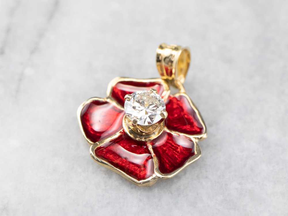 Diamond Enamel Poppy Flower Pendant - image 3