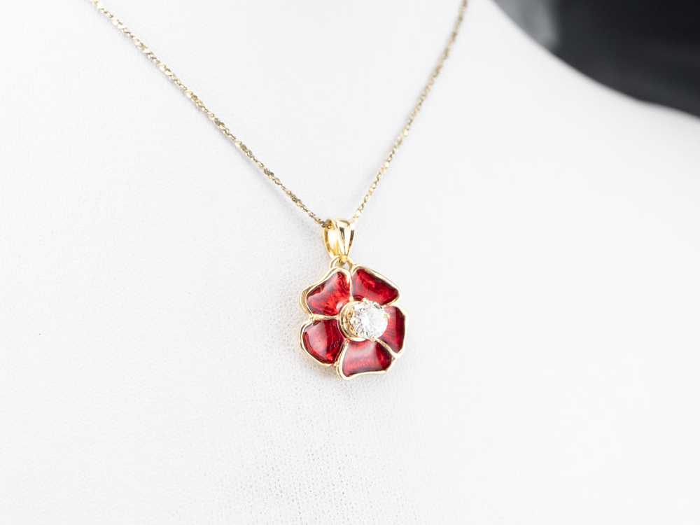 Diamond Enamel Poppy Flower Pendant - image 8