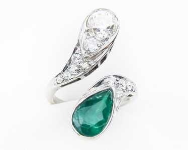 Art Deco Diamond & Emerald Bypass Ring - image 1