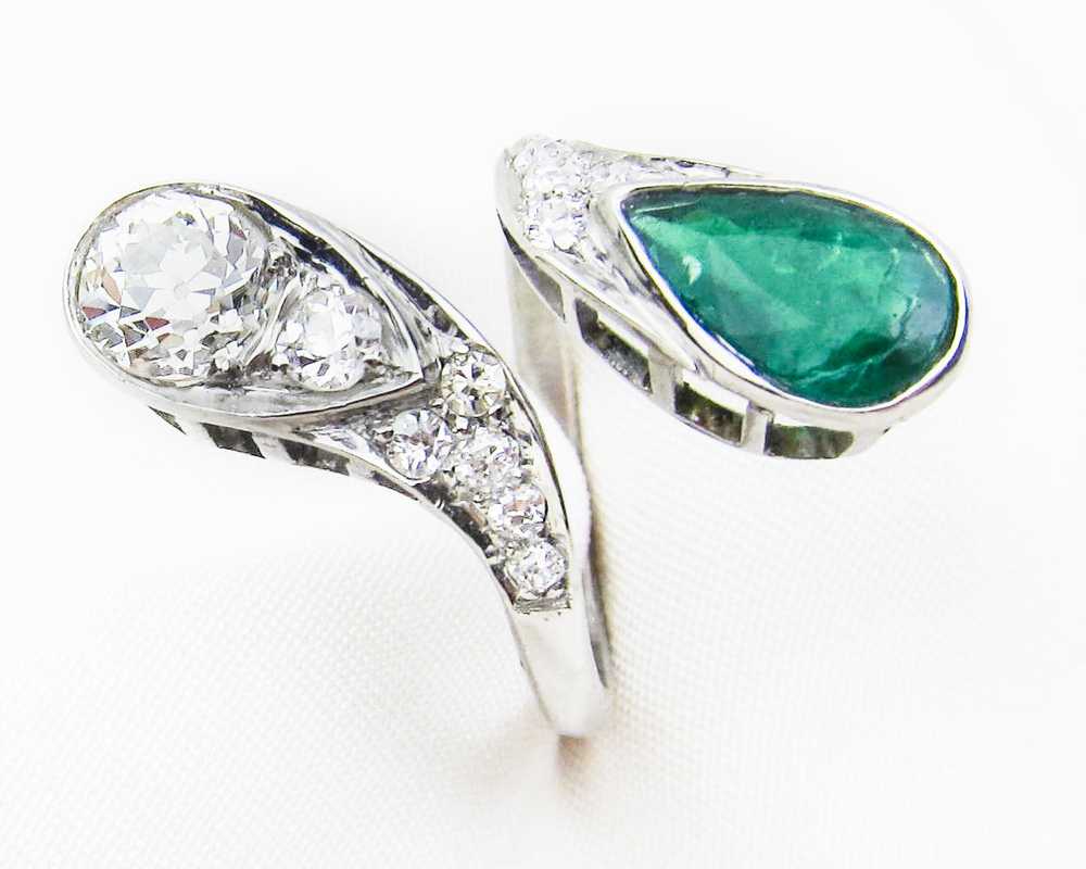 Art Deco Diamond & Emerald Bypass Ring - image 2