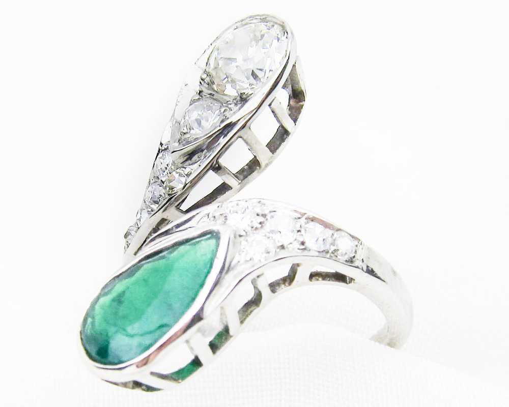 Art Deco Diamond & Emerald Bypass Ring - image 3