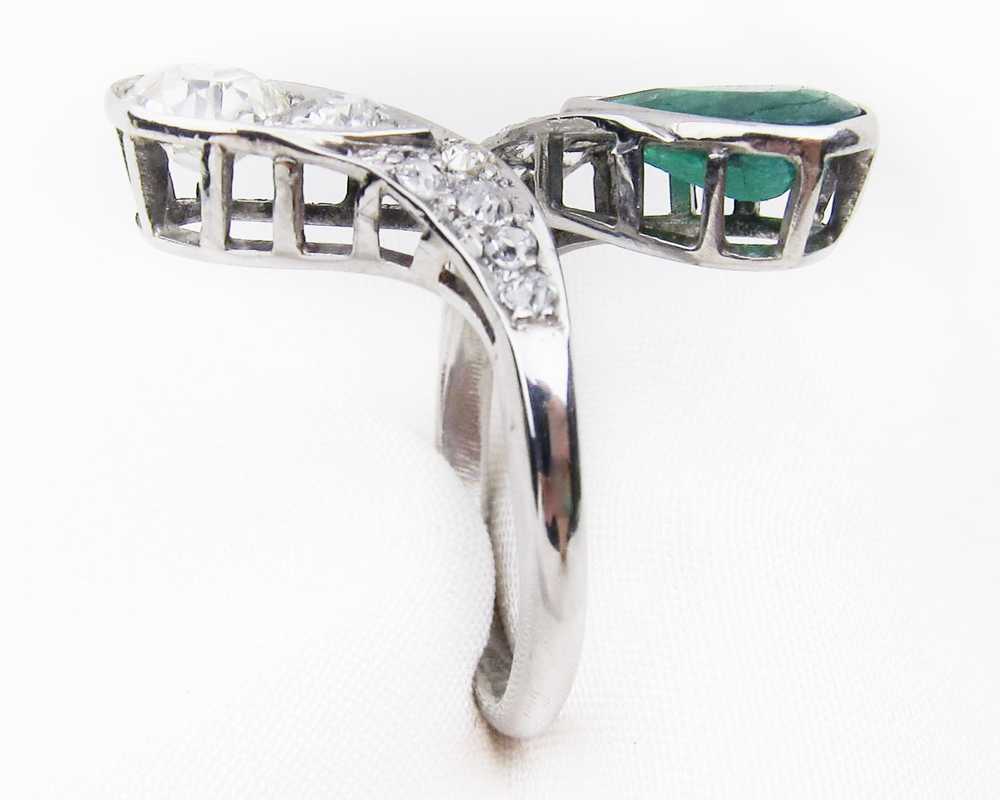 Art Deco Diamond & Emerald Bypass Ring - image 4