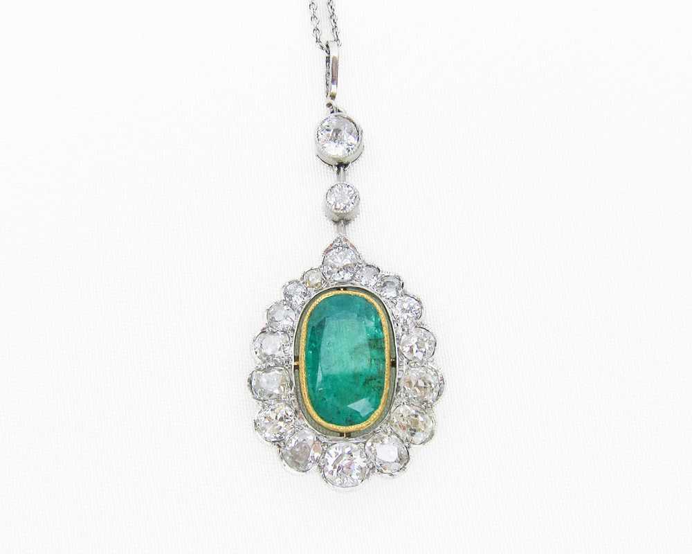Edwardian Emerald & Diamond Halo Necklace - image 1