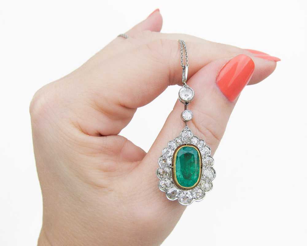 Edwardian Emerald & Diamond Halo Necklace - image 3