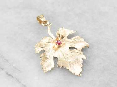 Yellow Gold Ruby Grape Leaf Pendant - image 1