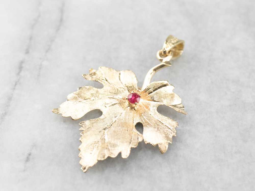Yellow Gold Ruby Grape Leaf Pendant - image 3
