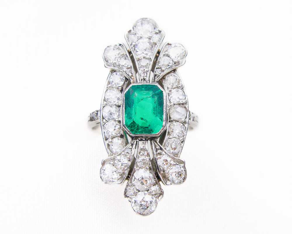 Edwardian French Emerald & Diamond Ring - image 1