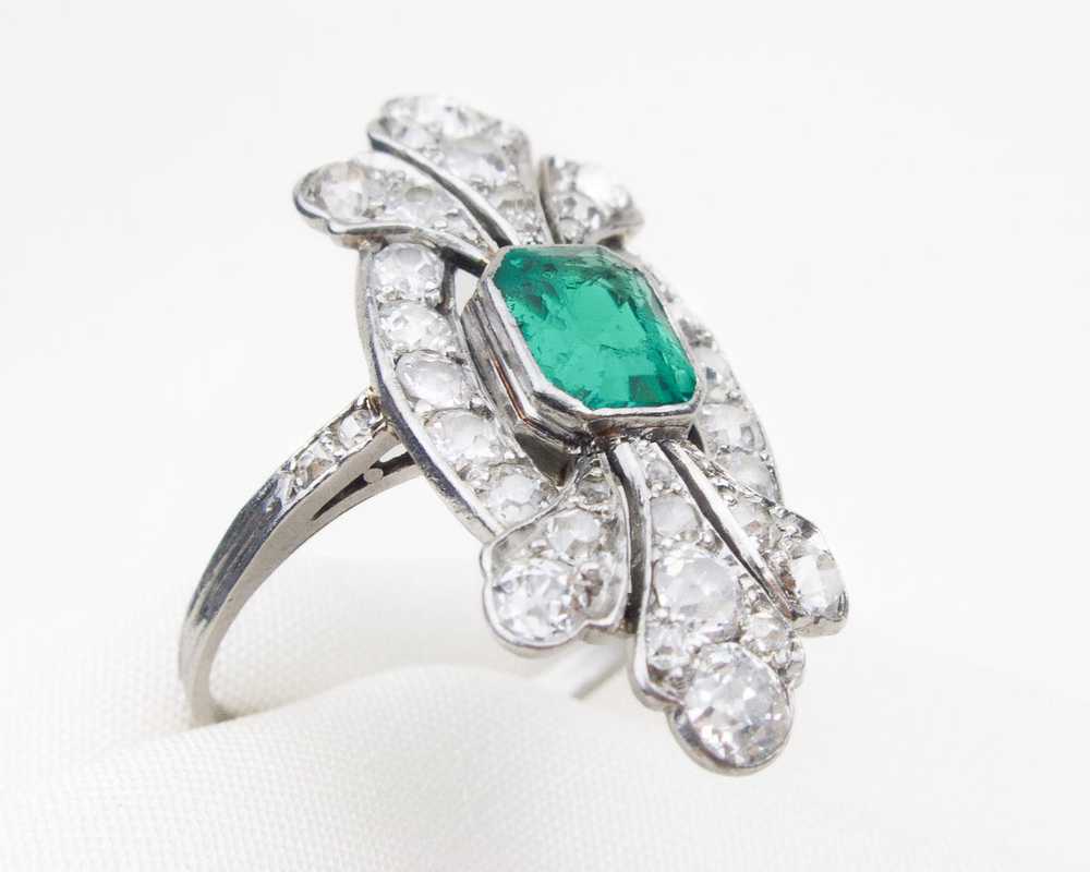Edwardian French Emerald & Diamond Ring - image 2