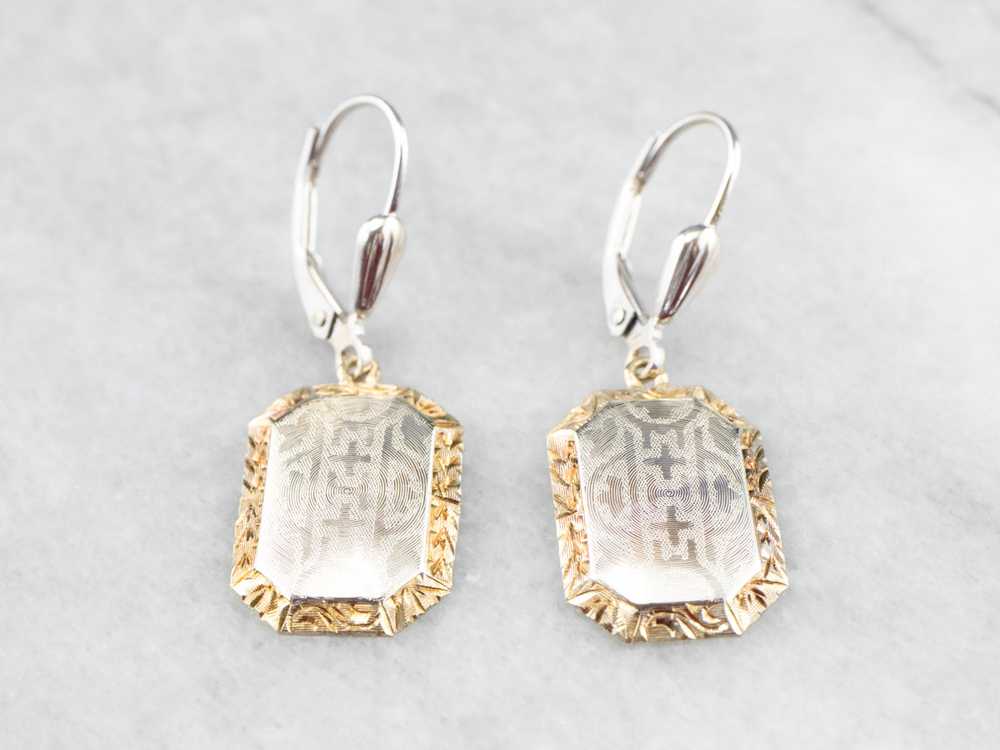 Etched Two Tone Gold Drop Earrings - image 2