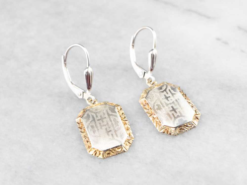 Etched Two Tone Gold Drop Earrings - image 3