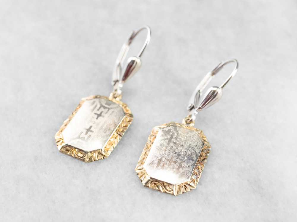 Etched Two Tone Gold Drop Earrings - image 4