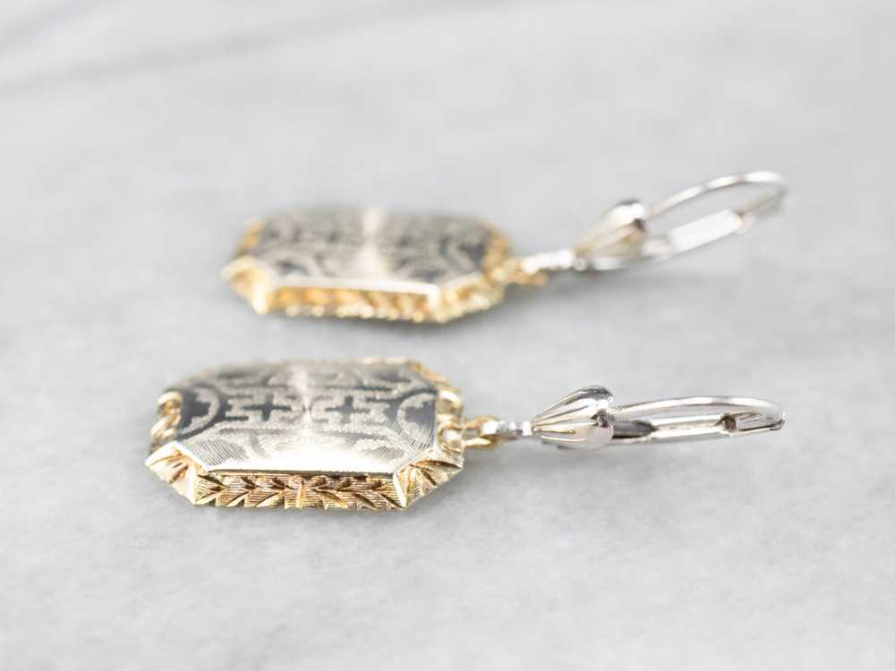 Etched Two Tone Gold Drop Earrings - image 5