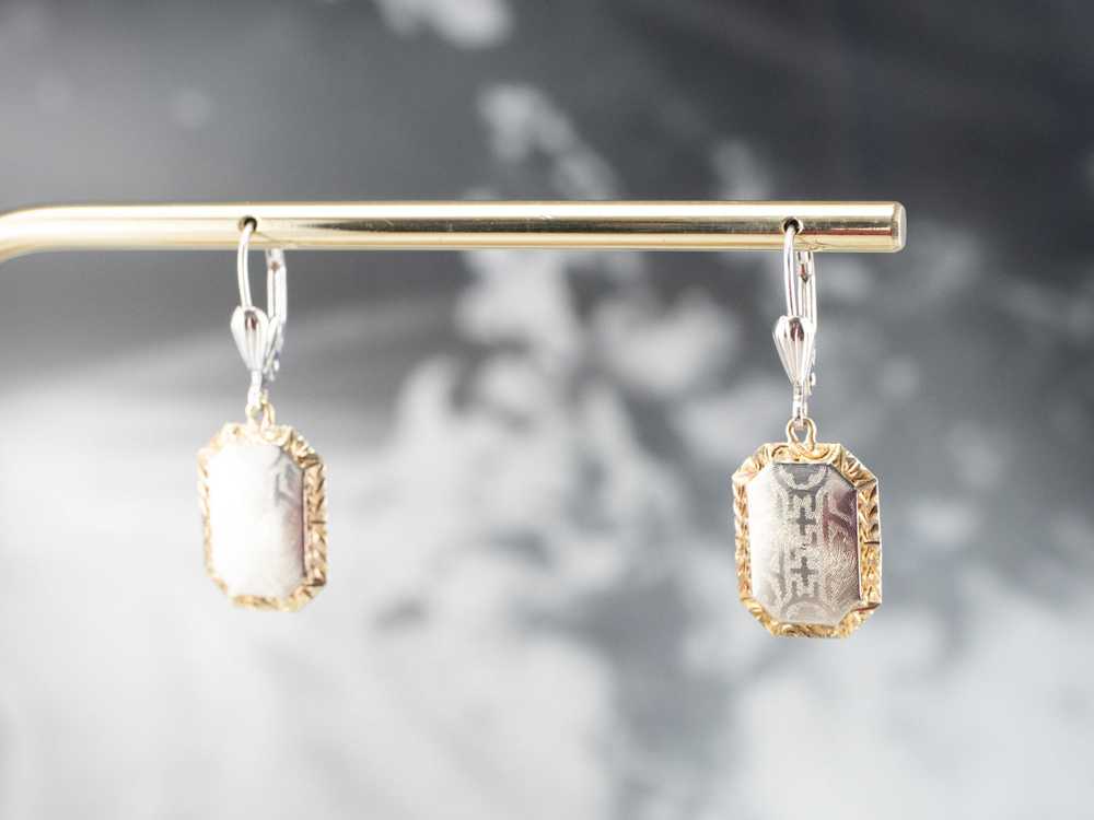 Etched Two Tone Gold Drop Earrings - image 9