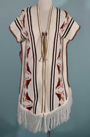 Vintage Knit Fringe Poncho, Hippie Tunic Top, One 