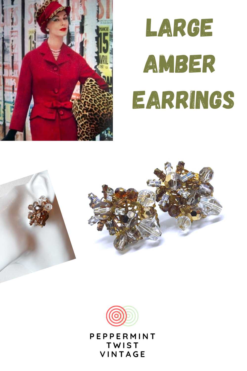 Amber and Glass Clip-on Statement Earrings, 1960s - image 2