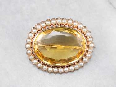 Victorian Citrine Seed Pearl Rose Gold Brooch - image 1