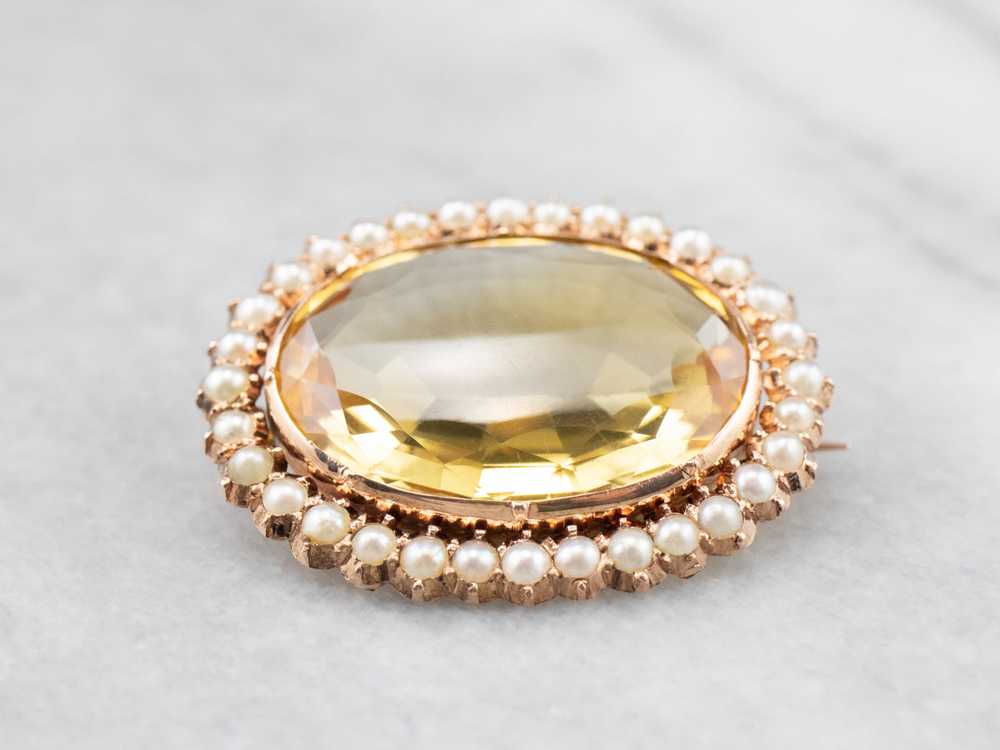 Victorian Citrine Seed Pearl Rose Gold Brooch - image 2