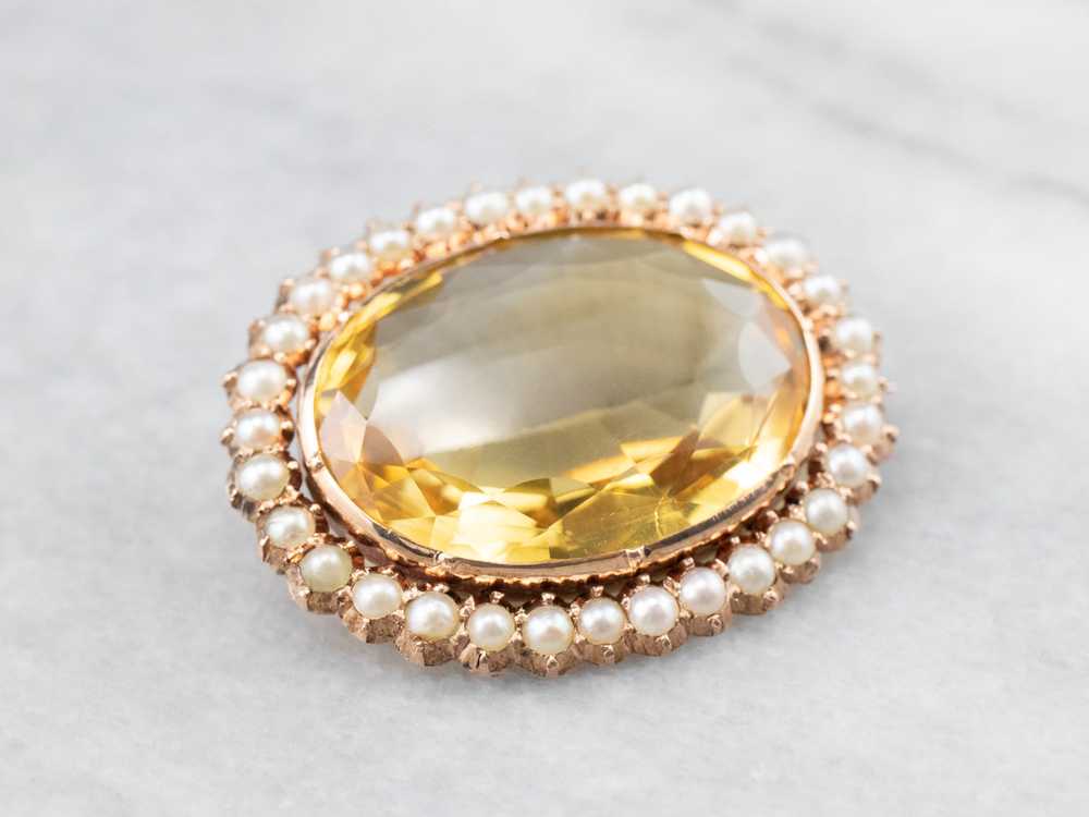 Victorian Citrine Seed Pearl Rose Gold Brooch - image 3