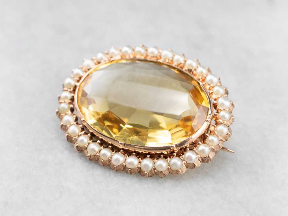 Victorian Citrine Seed Pearl Rose Gold Brooch - image 4