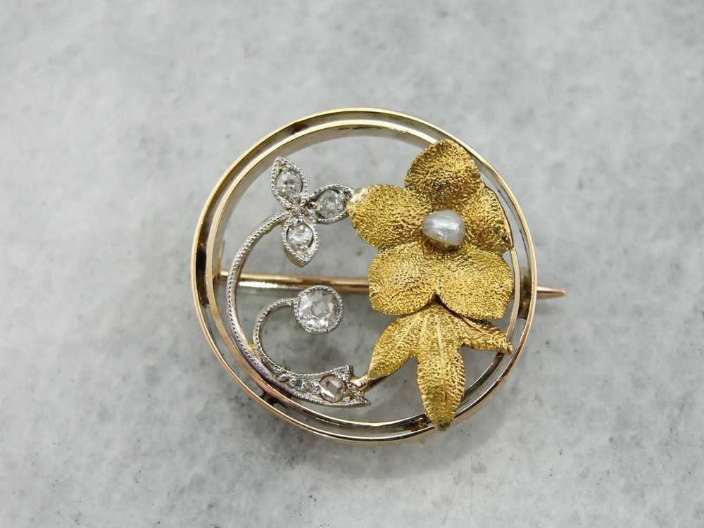 Lovely Antique Diamond and Seed Pearl Floral Broo… - image 1