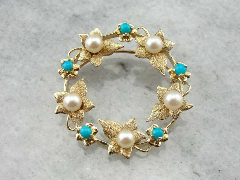 Art Nouveau Leaf, Pearl and Turquoise Circle Pin - image 1