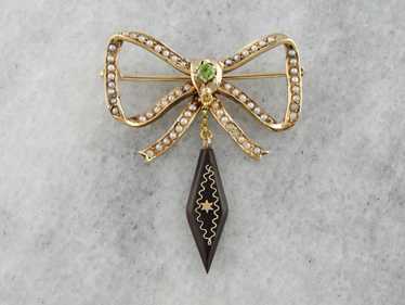 Victorian Bow Brooch with Seed Pearls, Demantoid … - image 1