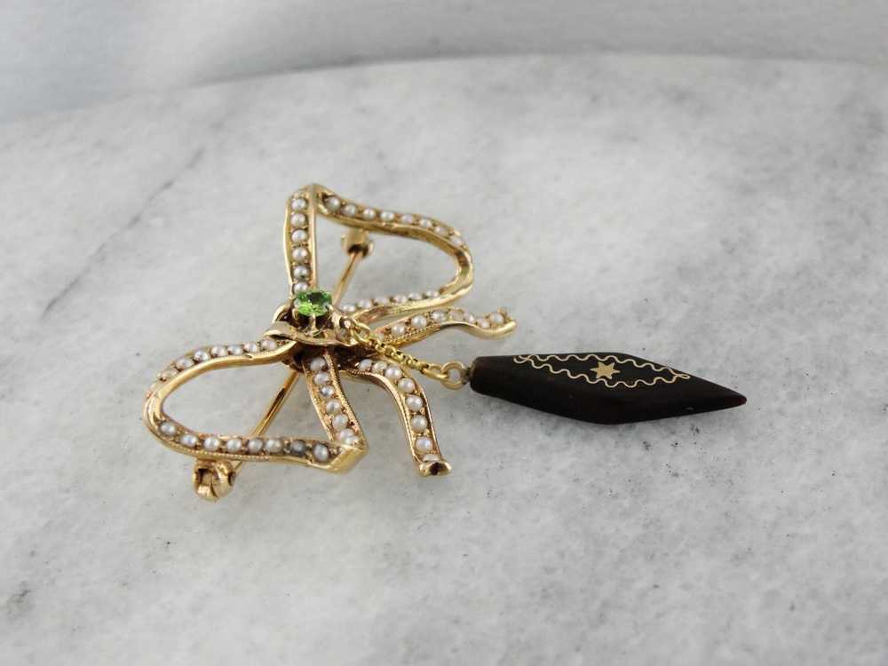 Victorian Bow Brooch with Seed Pearls, Demantoid … - image 2