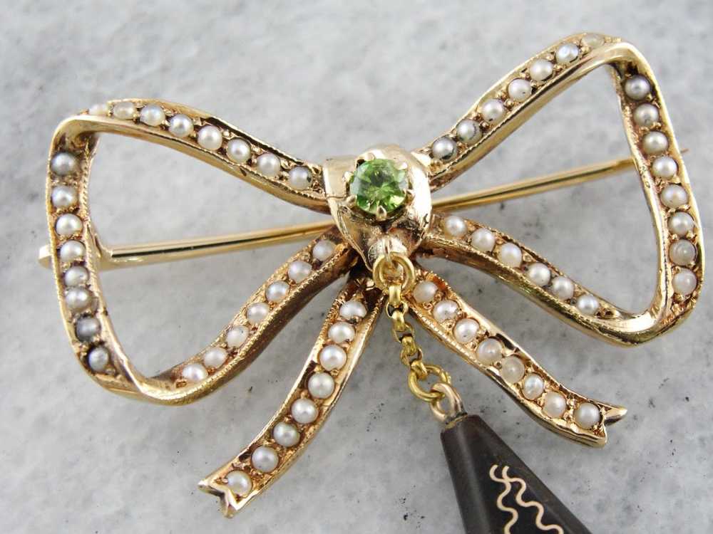 Victorian Bow Brooch with Seed Pearls, Demantoid … - image 3
