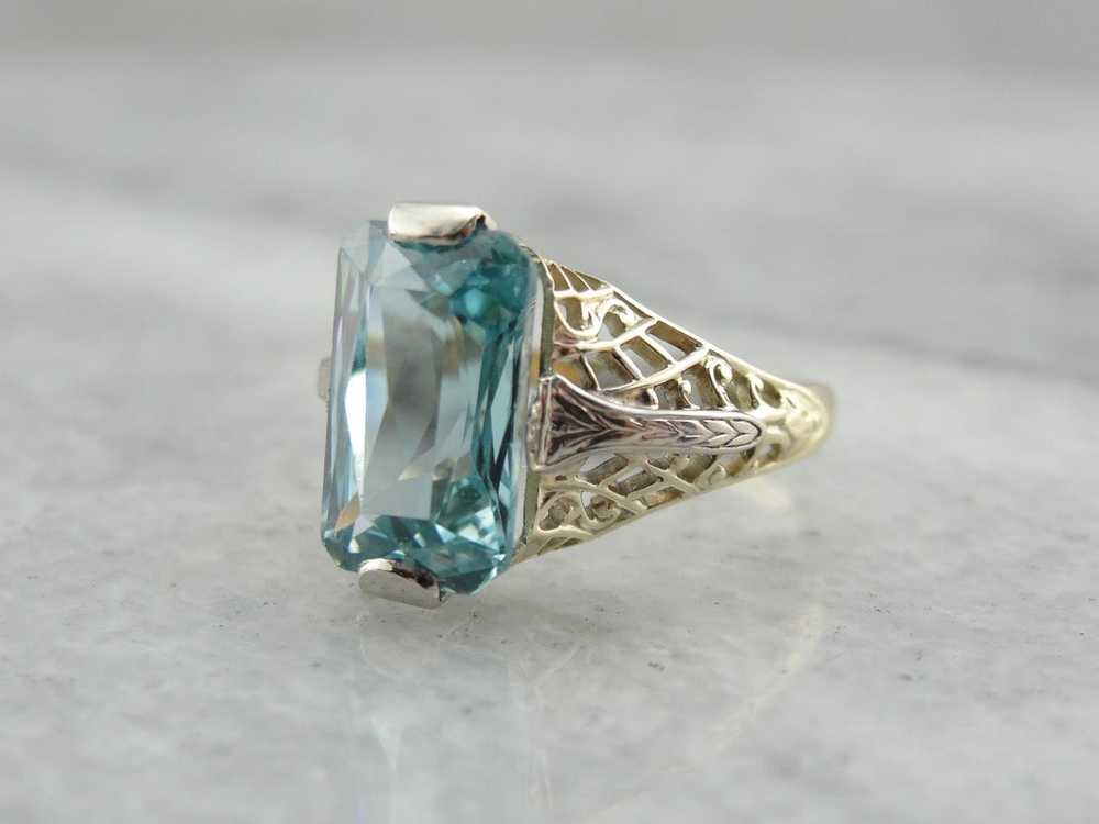 Blue Zircon Cocktail Ring in Two Tone Gold Filigr… - image 1